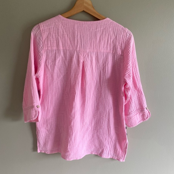 Foxcroft Blouse Relaxed 6P Pink Gazy Cotton Nautical 3/4 Sleeve Resort Top - Picture 8 of 9